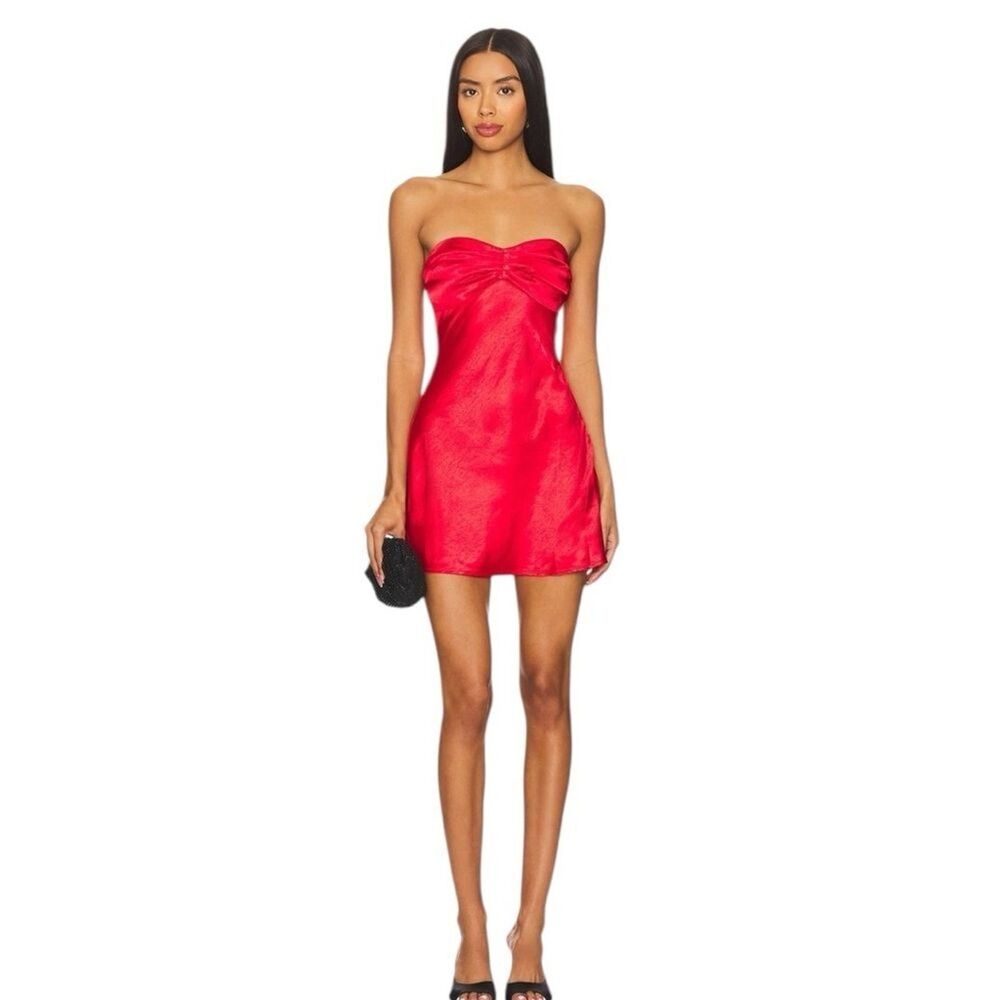 MORE TO COME Paloma Strapless Mini Dress Red Satin Ruched RuffleRevolve Medium